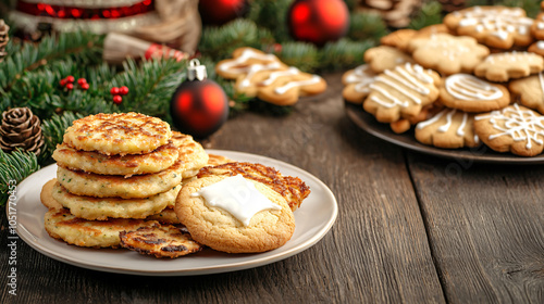 A cozy holiday scene featuring stacked cookies and a plate of decorated treats, surrounded by festive decorations. photo