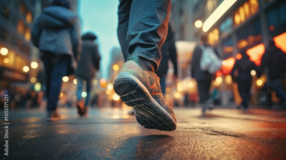 Fototapeta premium A dynamic close-up of feet walking on a city sidewalk,