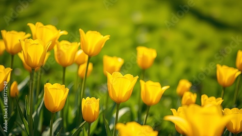 A Field of Yellow Tulips, Basking in the Warmth of the Sun, Their Petals Unfurling in a Display of Springtime Beauty