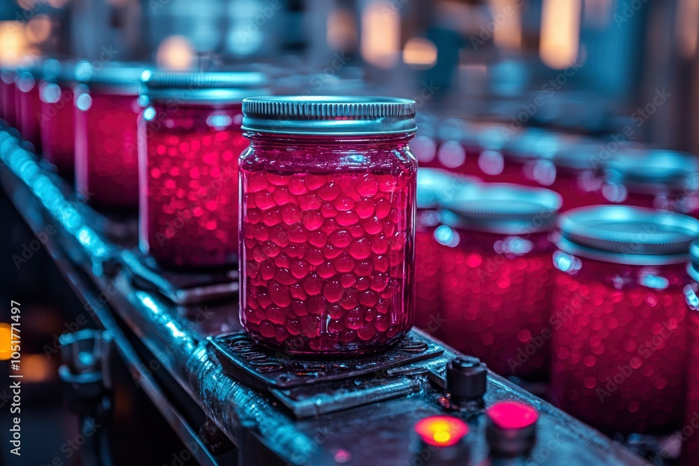 Jars Filled with Pink Spheres on a Conveyor Belt Jars Filled with Pink Spheres on a Conveyor Belt