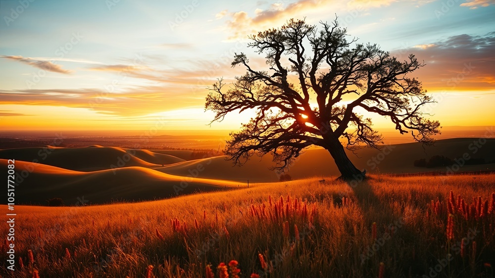 Fototapeta premium The Solitary Silhouette of a Tree Against the Backdrop of a Vibrant Sunset, Its Branches Reaching Towards the Golden Sky, a Symphony of Colors Across the Landscape