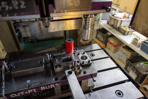 Sheet Metal Stamping Tool Die for Automotive Precision Parts on The Numerical Control Milling Machine Table. Tandem Stamping System. At a High Quality Technology Factory.