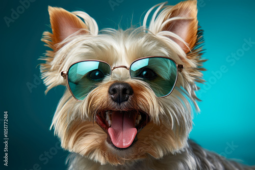 Adorable Yorkshire terrier dons aviator sunglasses effortlessly, radiating charm and a dash of adventure against blue backdrop.