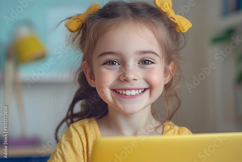 Smiling Young Girl Learning on a Laptop photo