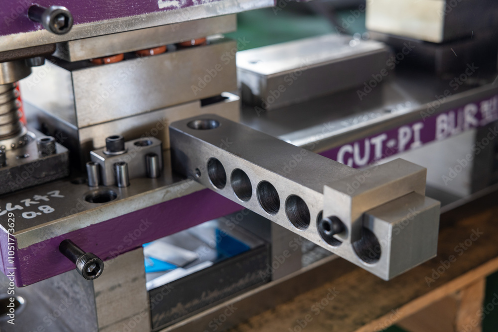 Sheet Metal Stamping Tool Die for Automotive Precision Parts on The Numerical Control Milling Machine Table. Tandem Stamping System. At a High Quality Technology Factory. Sheet Metal Stamping Tool Die for Automotive Precision Parts on The Numerical Control Milling Machine Table. Tandem Stamping System. At a High Quality Technology Factory.
