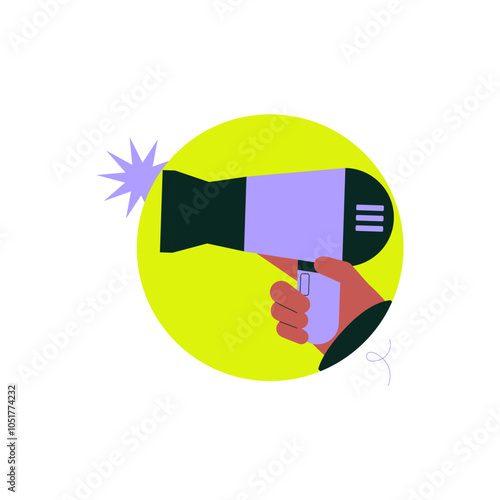 Hairdryer in vibrant colors, flat vector illustration symbolizing hairstyling tools, salon equipment, and beauty treatments