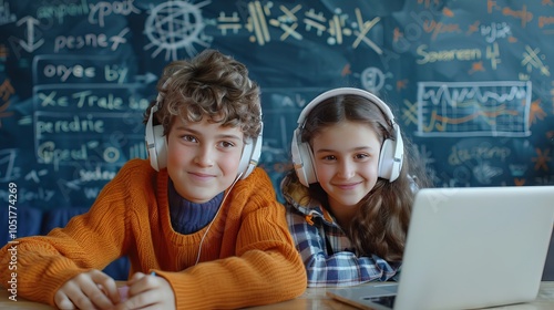 Happy Students Learning with Laptops and Headphones in Classroom photo