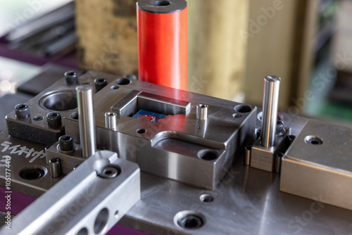 Sheet Metal Stamping Tool Die for Automotive Precision Parts on The Numerical Control Milling Machine Table. Tandem Stamping System. At a High Quality Technology Factory.