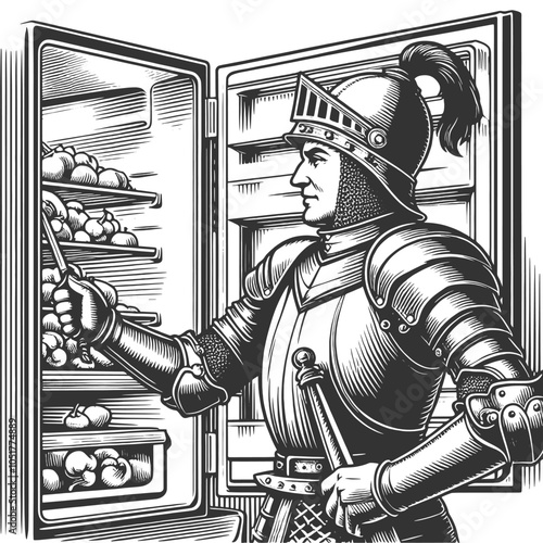 medieval knight in armor looking into a modern refrigerator sketch engraving generative ai fictional character vector illustration. Scratch board imitation. Black and white image.