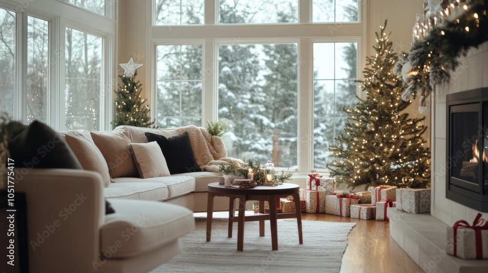 An inviting and elegantly designed living space with two decorated Christmas trees, surrounded by gifts, creating a warm and joyful holiday atmosphere. An inviting and elegantly designed living space with two decorated Christmas trees, surrounded by gifts, creating a warm and joyful holiday atmosphere.
