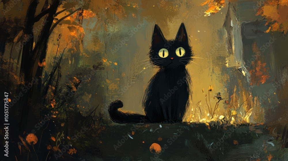 A black cat with large yellow eyes sits in a forest setting with autumn leaves. A black cat with large yellow eyes sits in a forest setting with autumn leaves.
