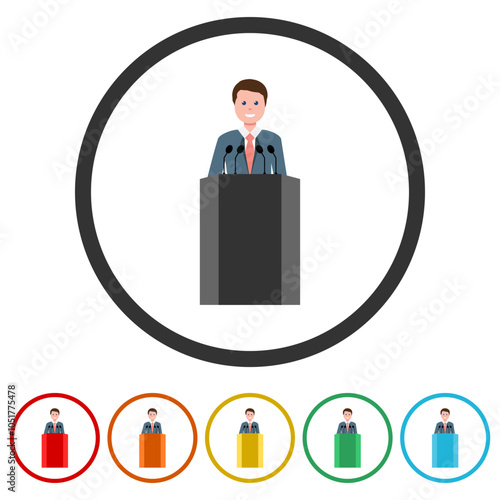 Business man standing at podium tribune glyph icon. Set icons in color circle buttons