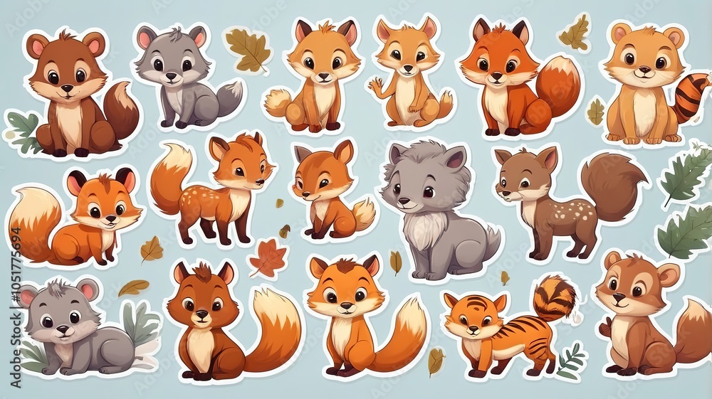 Obraz premium Adorable wild animal stickers, clip art style, isolated on a light background.