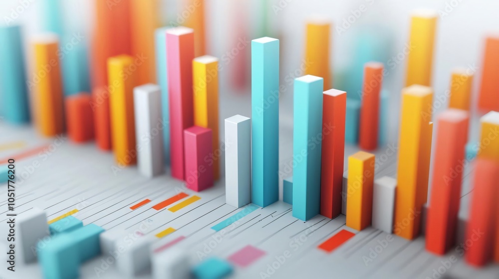 Fototapeta premium Colorful data visualization with vertical bars representing various statistics and trends in a modern, abstract design.