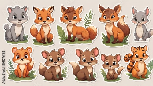 Cute wild animal sticker set, isolated clip art, perfect for light backgrounds.