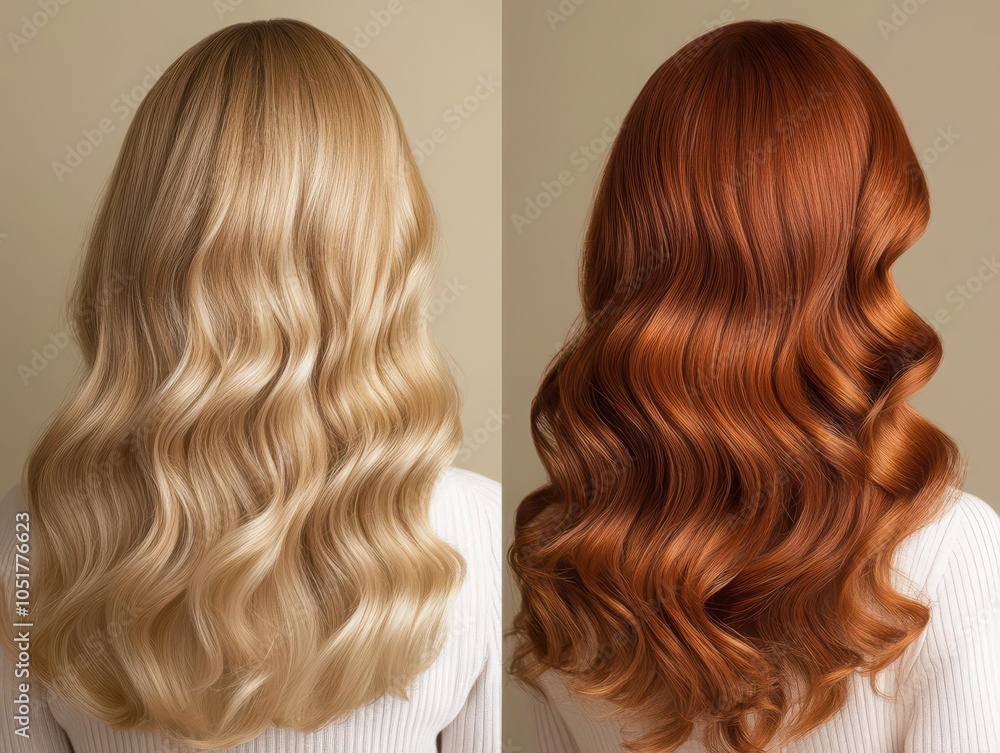 Fototapeta premium Sidebyside view of a woman s hair, from dull blonde to rich red waves, highgloss finish, light cascading on the curls, studio lighting