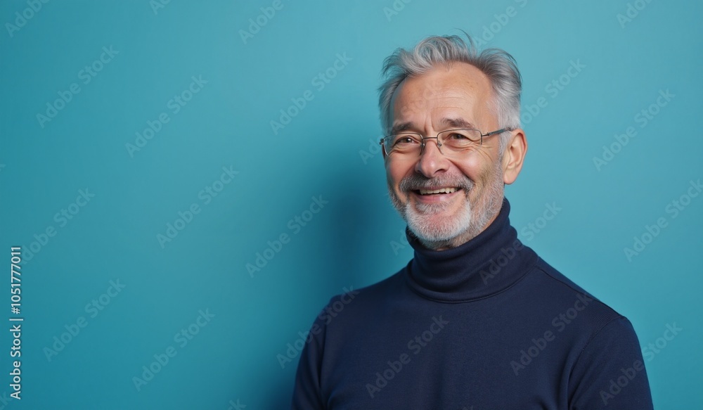 Cheerful senior man smiling warmly against teal background with copy space Cheerful senior man smiling warmly against teal background with copy space