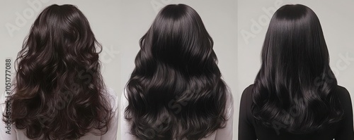 Timelapse effect showing the transition of a hair makeover, starting with messy curls and finishing with smooth, jet black layers, crisp lighting