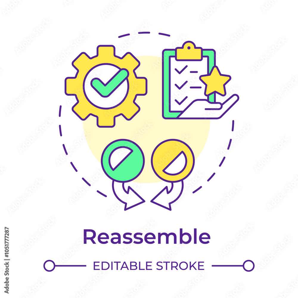 Fototapeta premium Reassemble multi color concept icon. Reverse engineering process. Integrate, assembly components. Round shape line illustration. Abstract idea. Graphic design. Easy to use in article