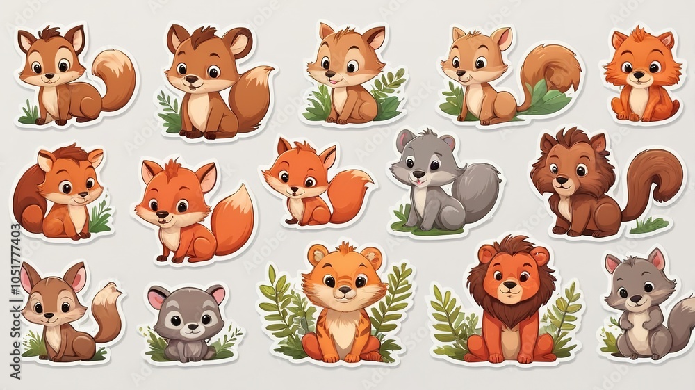 Cute wild animal sticker set, isolated clip art, perfect for light backgrounds. Cute wild animal sticker set, isolated clip art, perfect for light backgrounds.