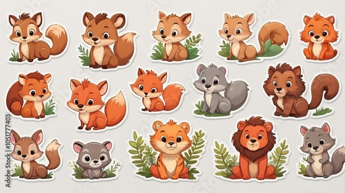 Cute wild animal sticker set, isolated clip art, perfect for light backgrounds.