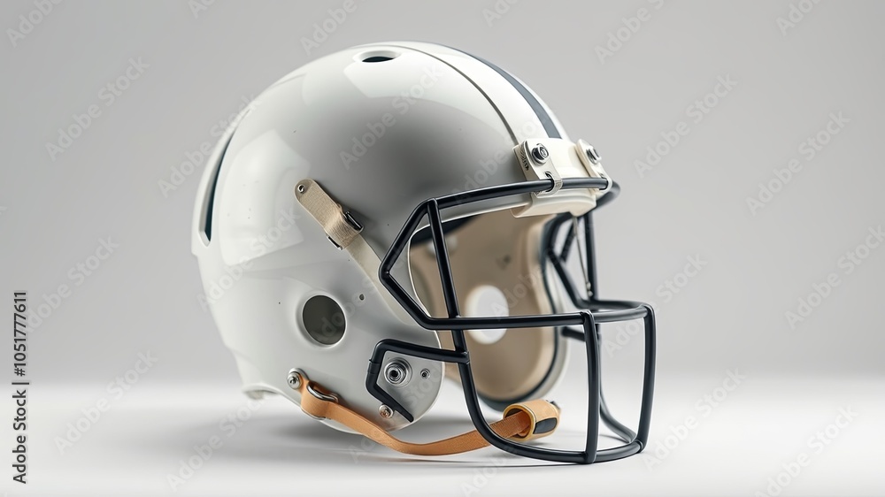 Fototapeta premium A pristine white helmet with a black facemask, a symbol of athleticism and dedication to the game, rests upon a stark white backdrop.