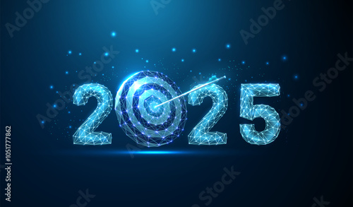 Abstract Happy 2025 New Year greeting card with arrow in darts board
