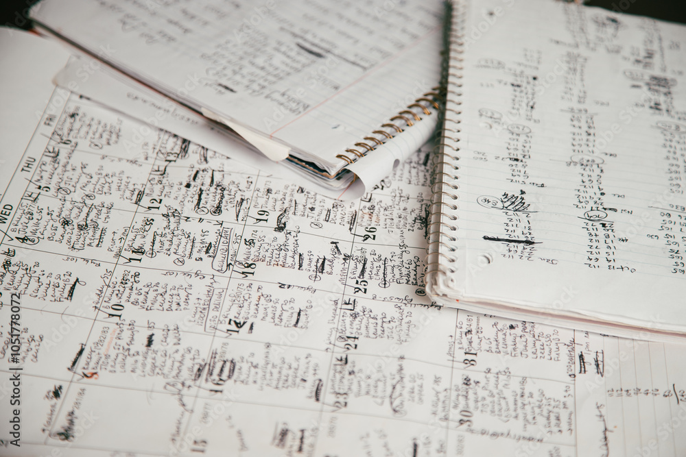 Close-up of notebooks and paperwork with schedules, diary and financial information Close-up of notebooks and paperwork with schedules, diary and financial information
