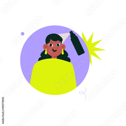 Salon haircare client getting a spray treatment, flat vector illustration symbolizing hairstyling, beauty treatments, and professional hairstyling services