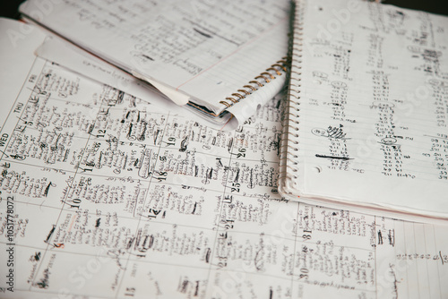 Close-up of notebooks and paperwork with schedules, diary and financial information photo