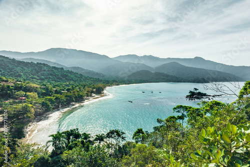 Mirante do Coração, Castelhanos beach on a tropical island on the Brazilian coast, sunset in Ilhabela