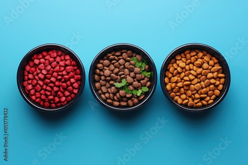 Three Bowls of Pet Food on a Blue Background photo