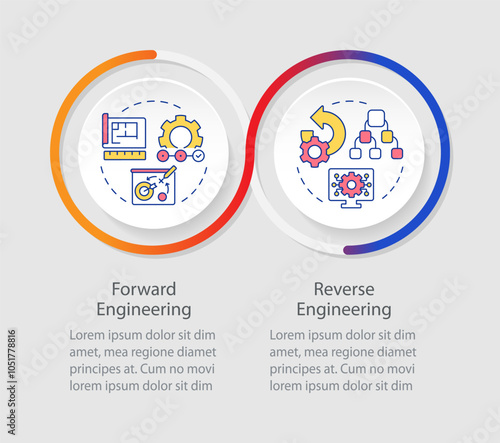 Forward vs reverse engineering infographics circles sequence. Comparison. Product design. Visualization layout with 2 steps. Info chart loop process presentation. Myriad Pro-Regular font used