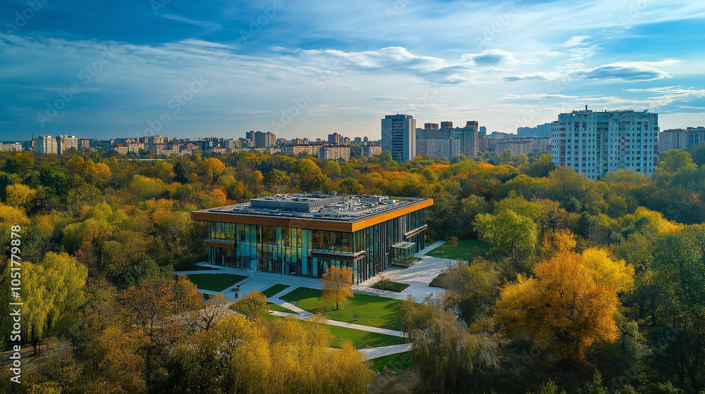 Obraz premium autumn in the city, view of the city, panorama of the city, building in the forest, modern architecture, urban landscape