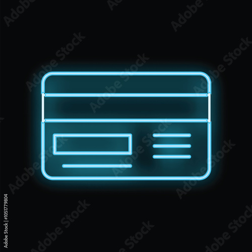 Blue neon credit card is glowing on a black background