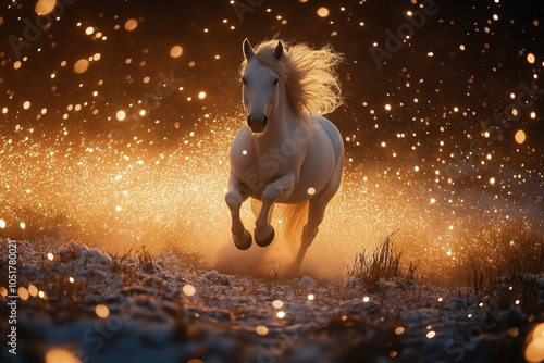 A white unicorn galloping through a snowy meadow at sunset. Golden sparks photo