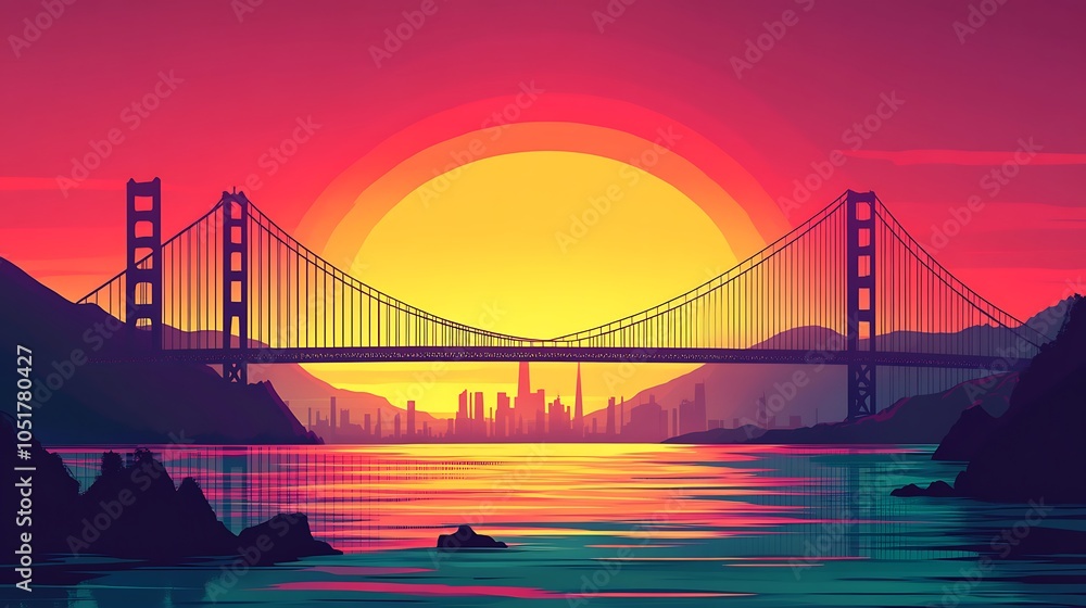 Fototapeta premium Flat silhouette of the Golden Gate Bridge, with a sunset sky transitioning from rich orange to dark red, emphasizing the bold shape of the bridge and the vibrant colors over San Francisco Bay.