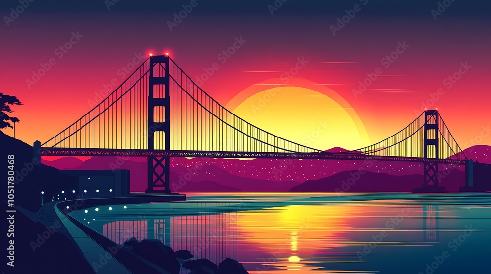 Flat silhouette of the Golden Gate Bridge, with a sunset sky transitioning from rich orange to dark red, emphasizing the bold shape of the bridge and the vibrant colors over San Francisco Bay. Flat silhouette of the Golden Gate Bridge, with a sunset sky transitioning from rich orange to dark red, emphasizing the bold shape of the bridge and the vibrant colors over San Francisco Bay.