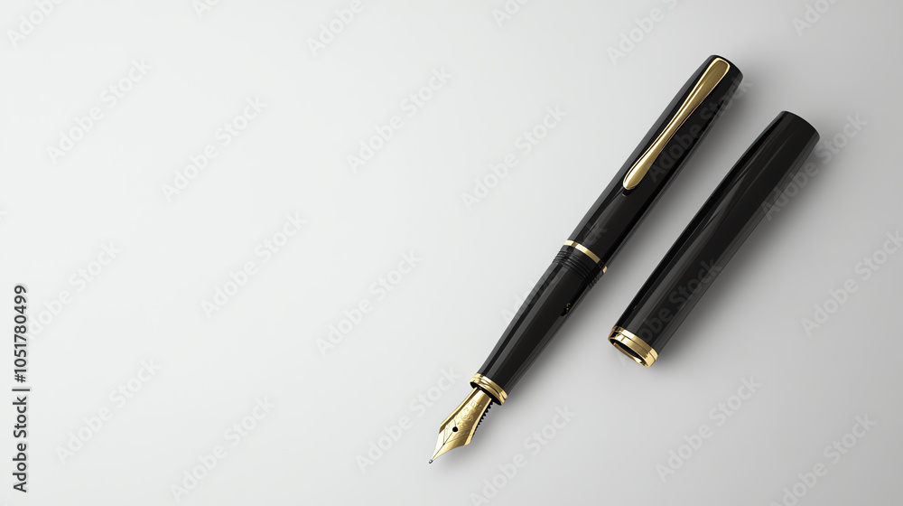 Elegant Black and Gold Fountain Pen on White Background Elegant Black and Gold Fountain Pen on White Background
