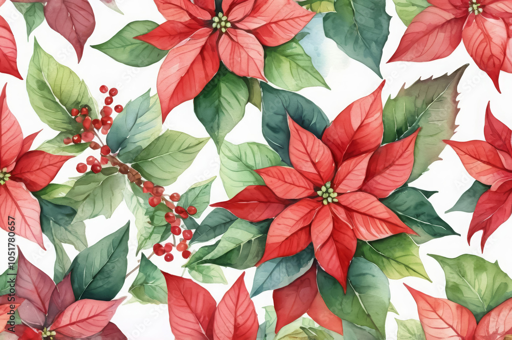 Watercolor background with Christmas poinsettia flowers on white. Pattern Watercolor background with Christmas poinsettia flowers on white. Pattern