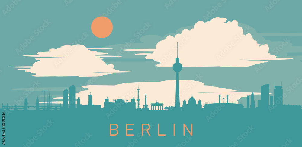 Obraz premium Vektor Silhouetten Skyline Berlin - Hauptstadt Deutschland - Europa - Architektur und Sehenswürdigkeiten der Metropole - Panorama Silhouette der Stadt