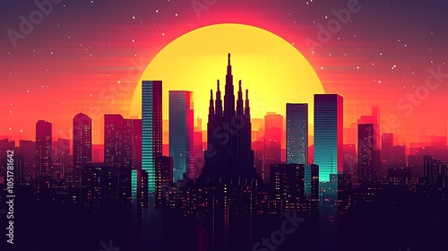 Flat silhouette of the Sagrada Familia with a bold mosaic background in vivid colors such as red, teal, magenta, and yellow,