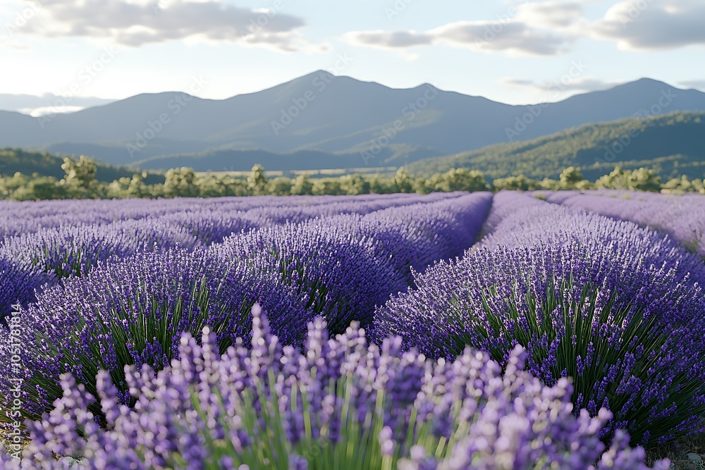Fototapeta premium Expansive lavender fields under a serene mountain backdrop.