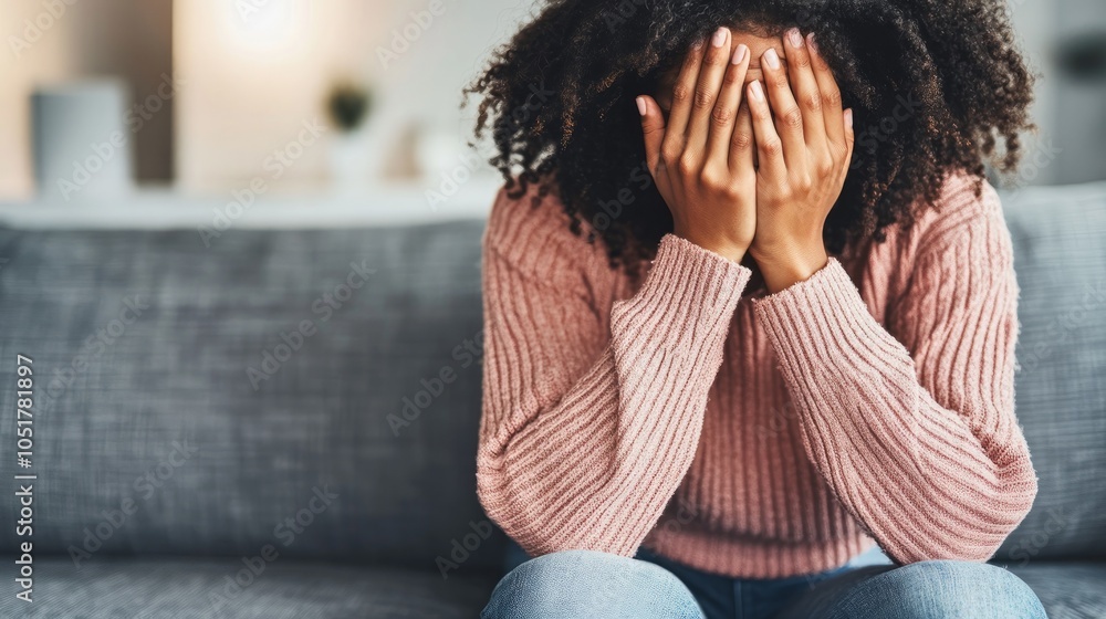 A young woman sits on a couch with her head in her hands, looking distressed. A young woman sits on a couch with her head in her hands, looking distressed.