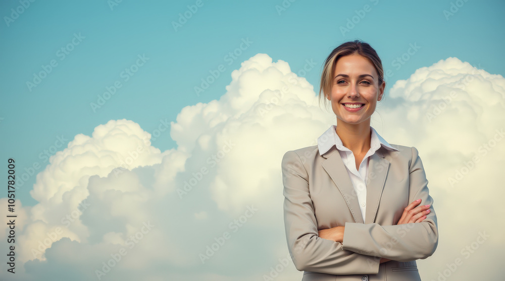 Confident and Happy Business Woman Standing Against a Beautiful Sky Background – Embracing Success, Ambition, and Optimism Confident and Happy Business Woman Standing Against a Beautiful Sky Background – Embracing Success, Ambition, and Optimism