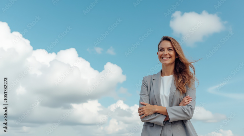 Confident and Happy Business Woman Standing Against a Beautiful Sky Background – Embracing Success, Ambition, and Optimism Confident and Happy Business Woman Standing Against a Beautiful Sky Background – Embracing Success, Ambition, and Optimism