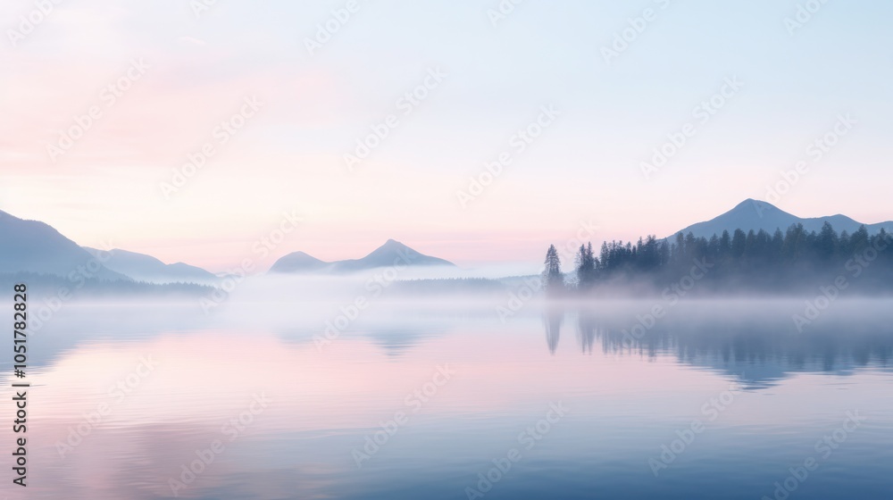 Fototapeta premium image of a reflective lake surface at dawn, with mist rising from the water