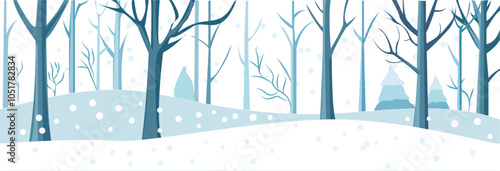 A serene winter landscape featuring snow-covered trees and hills, illustrated in a minimalist style on a light background. Vector illustration