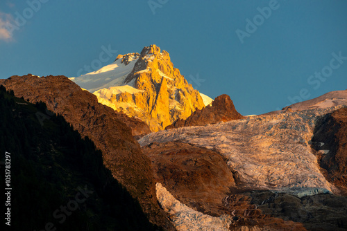 Chamonix rocky granite mountain peaks in french Alps around Mont Blanc summit in Chamonix valley. Scenic landscape of iconic alpine summits the legends of mountaineering and alpinism
