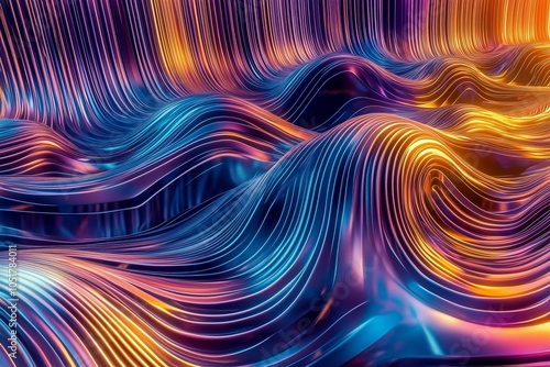 A mesmerizing display of colorful, wavy lines creating an abstract, fluid landscape. The intertwining forms evoke movement and depth with a stunning blend of hues. photo